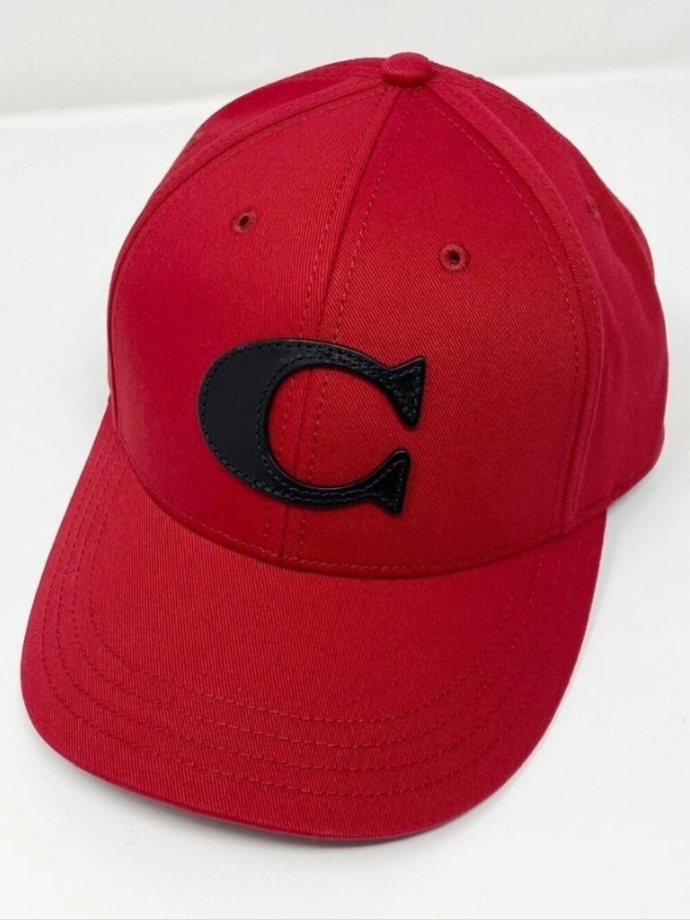 COACH F75703 Men's Varsity C Baseball Cap Hat Cotton Blend Leather Trim Red